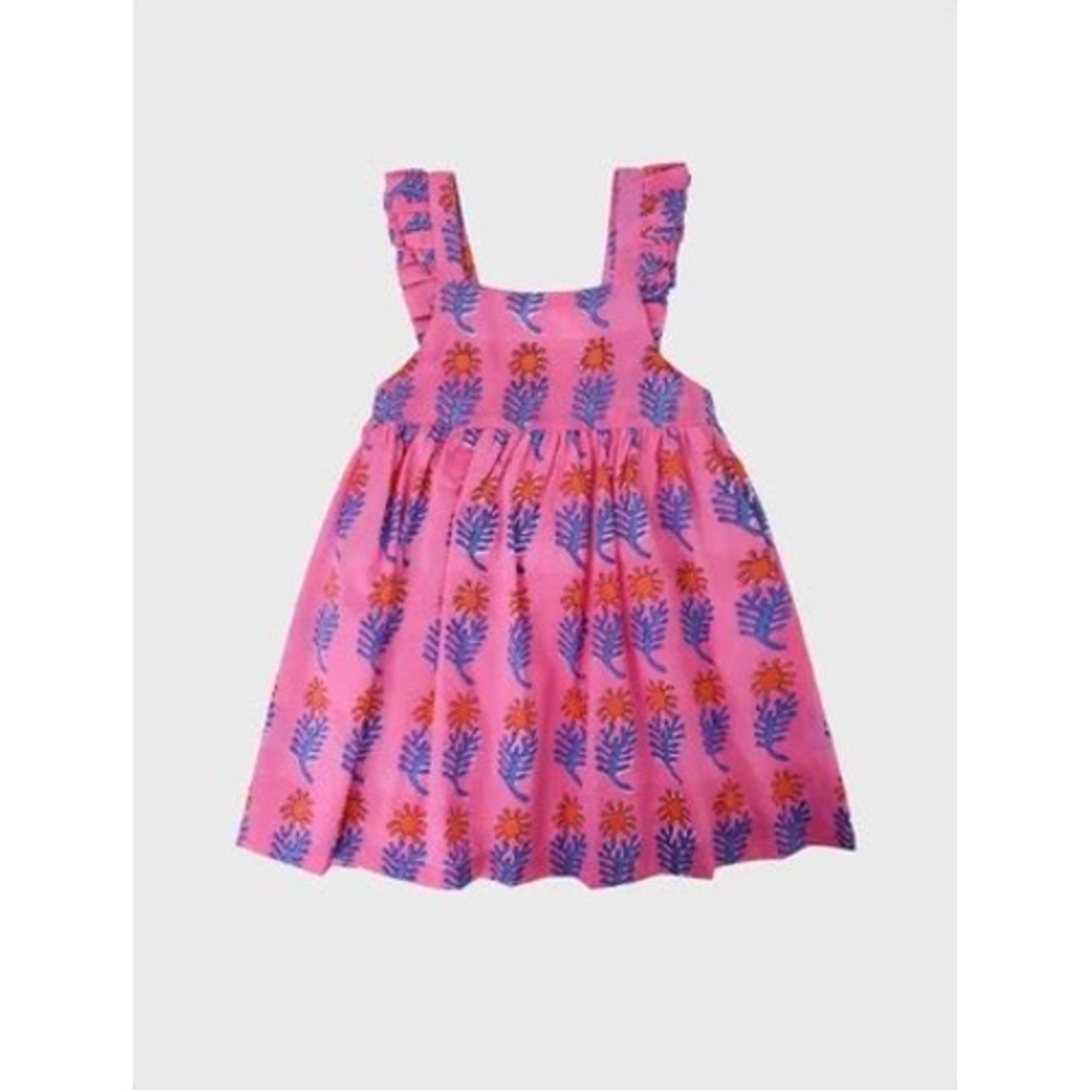 Oliphant Block Print Dress Kids Size 8 Pink Floral Ruffle Cotton Voile Boho